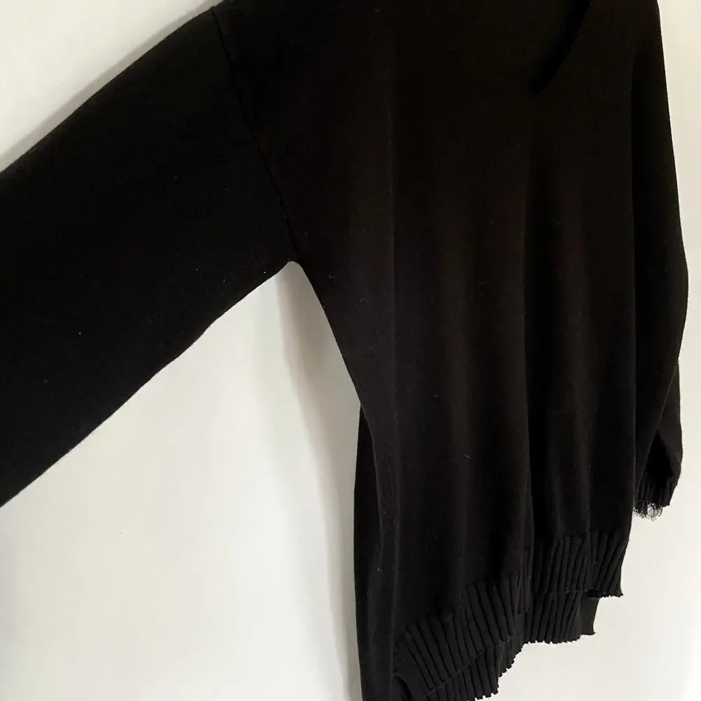 Adrianna Papell‎ black knit v-neck pullover sweater lace sleeve detail women's M